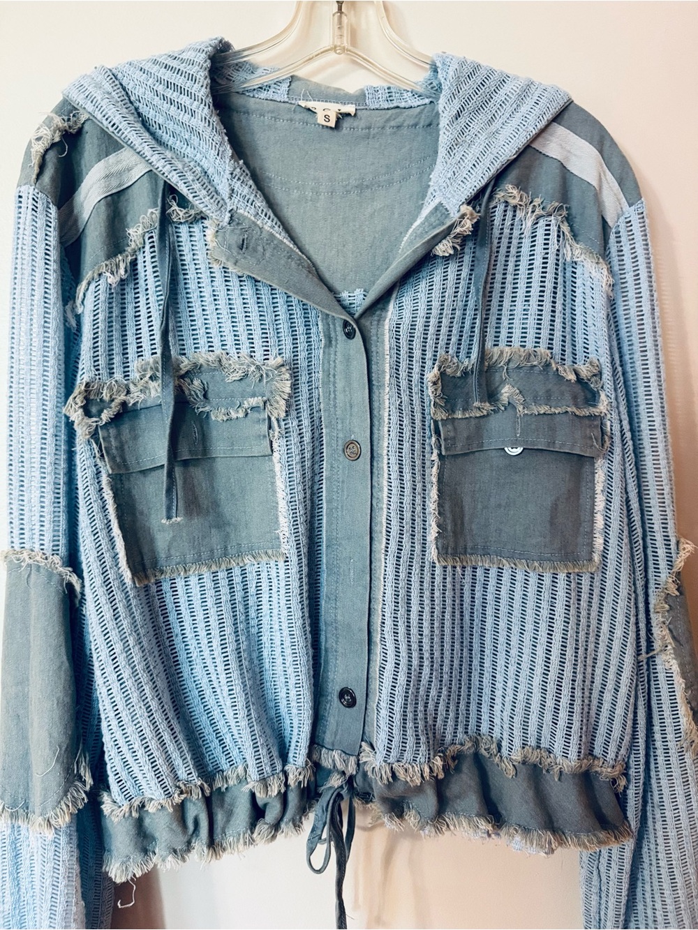 POL Light Blue Distressed Hooded Button-Up Shirt Top Hoodie